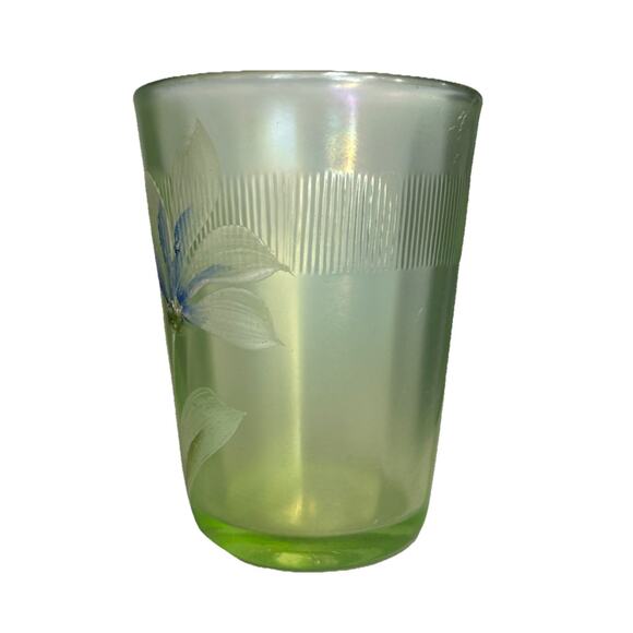 Antique Fenton Carnival Green Vaseline Glass Painted Daisy Flower Tumbler Cup 4” - Picture 2 of 9